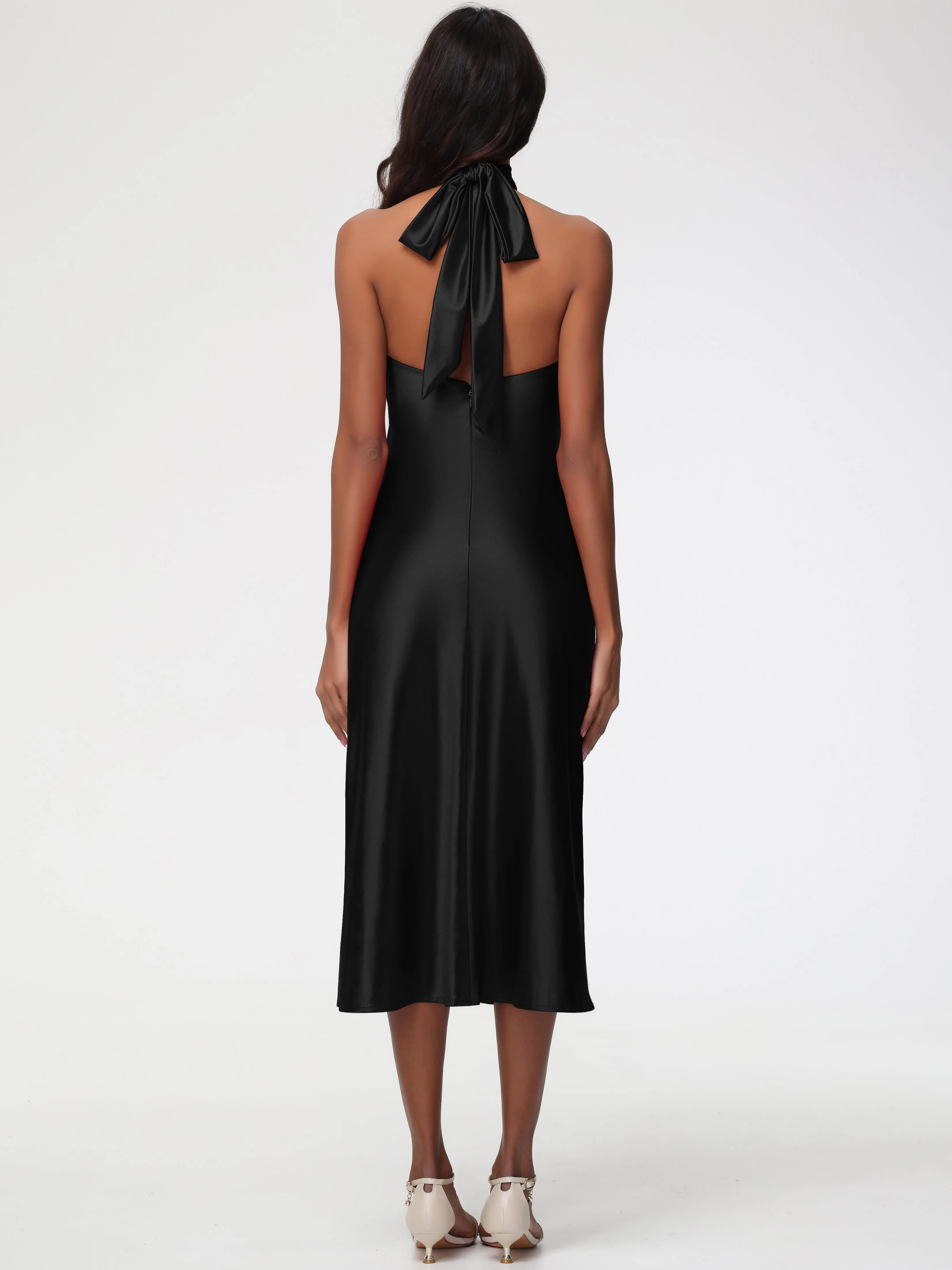 Black Short Prom Dresses Tea-Length High Neck Sleeveless Stretch Satin Prom Dresses