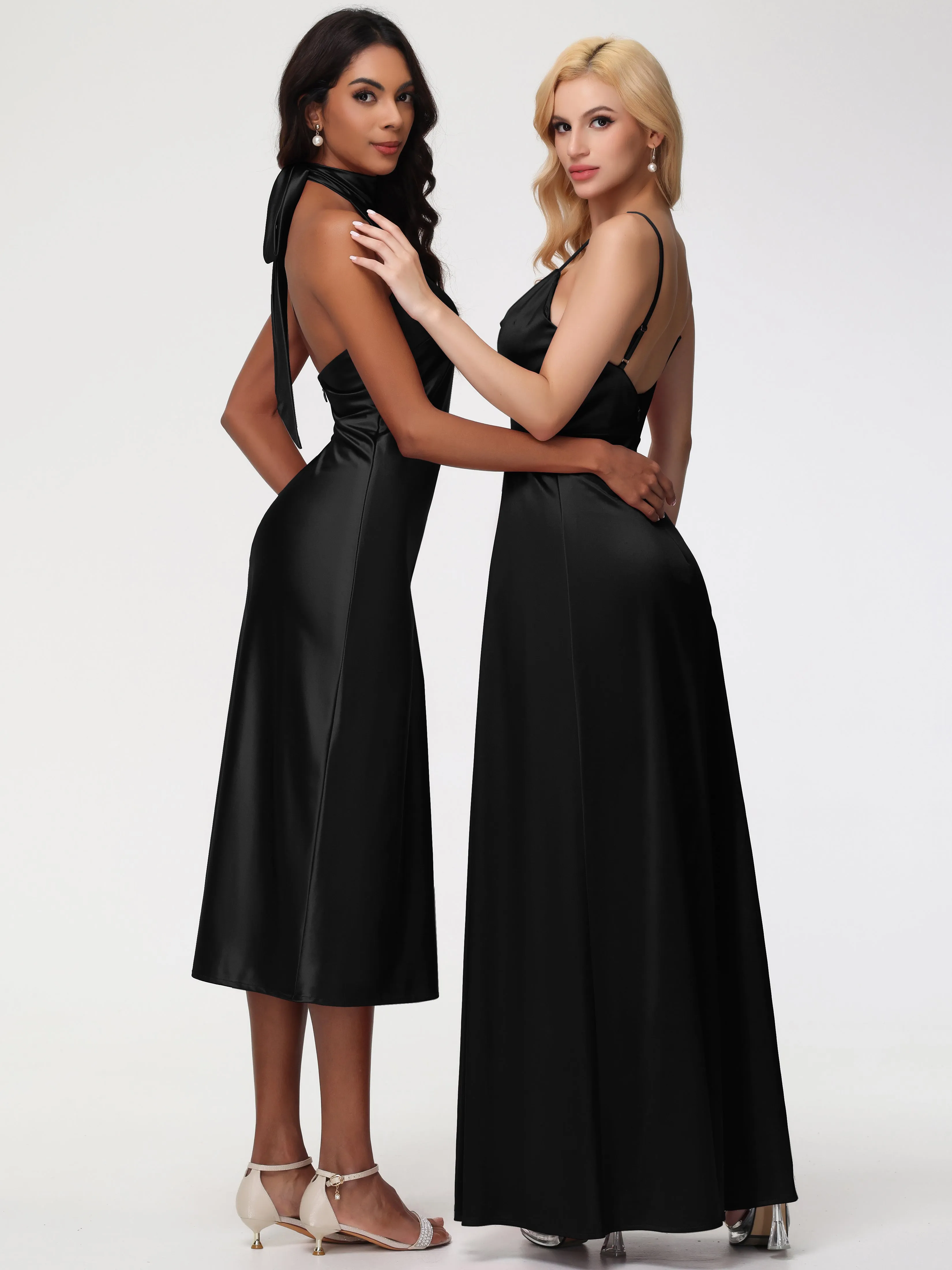 Black Short Prom Dresses Tea-Length High Neck Sleeveless Stretch Satin Prom Dresses