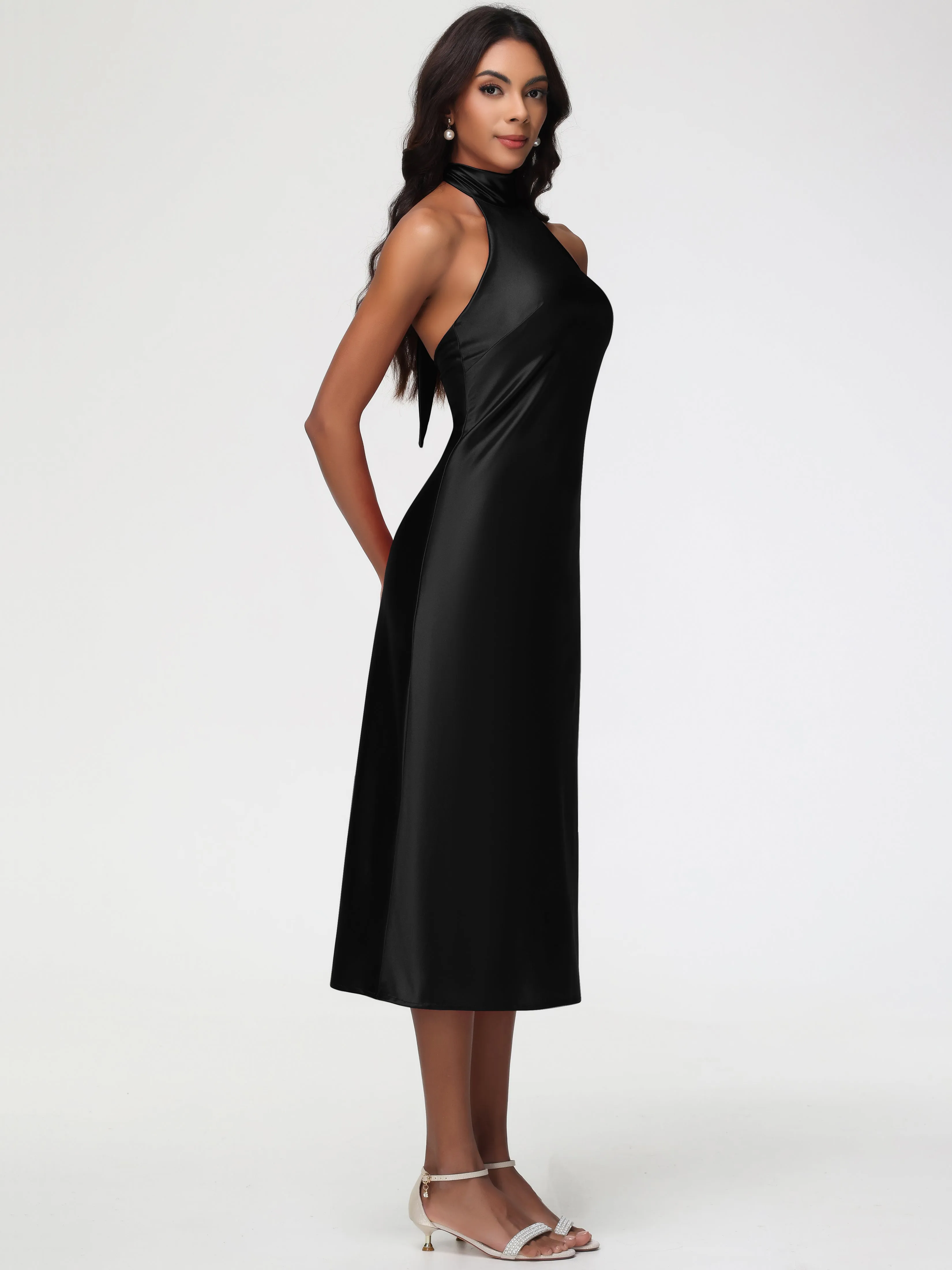 Black Short Prom Dresses Tea-Length High Neck Sleeveless Stretch Satin Prom Dresses