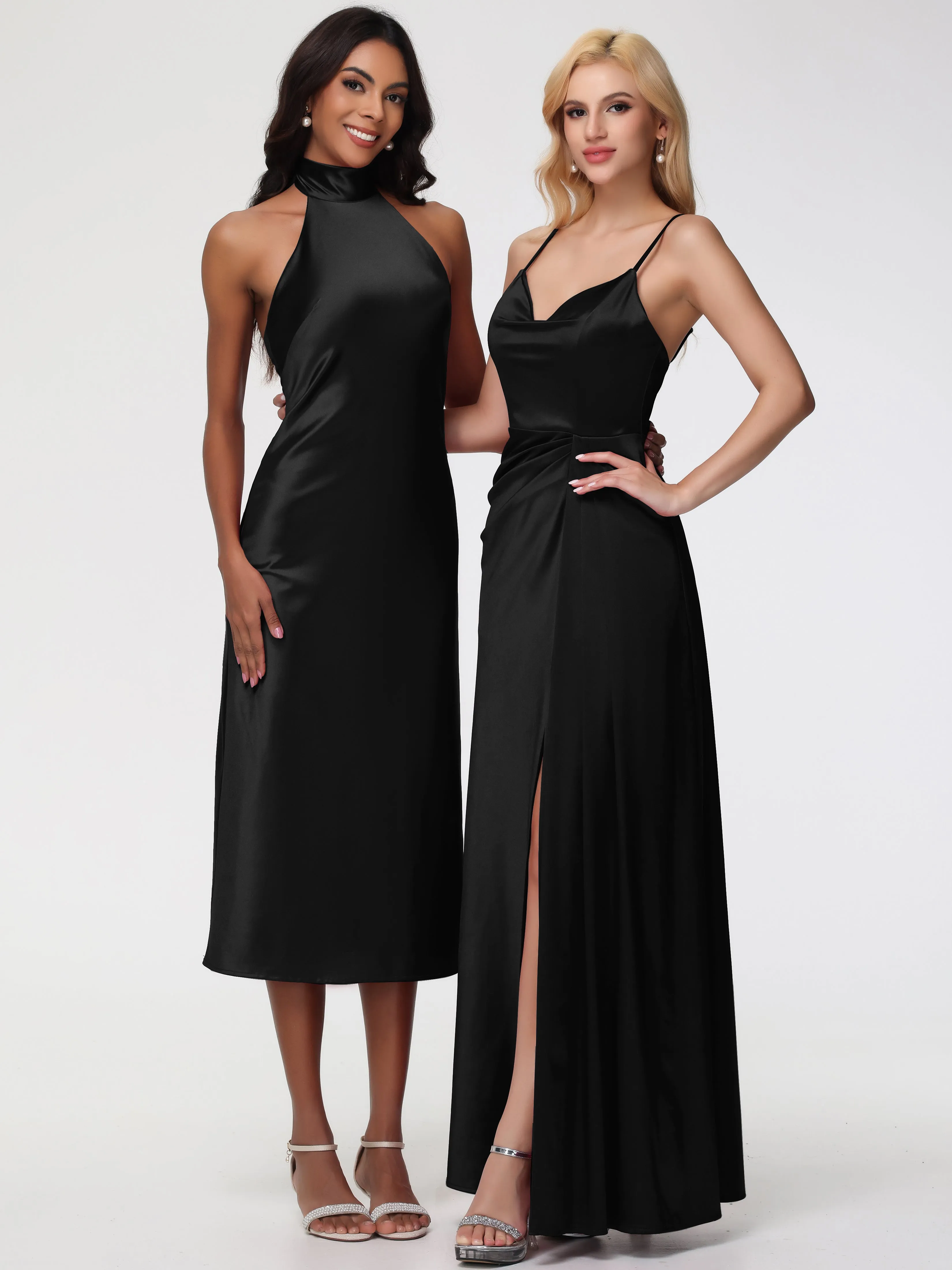 Black Short Prom Dresses Tea-Length High Neck Sleeveless Stretch Satin Prom Dresses