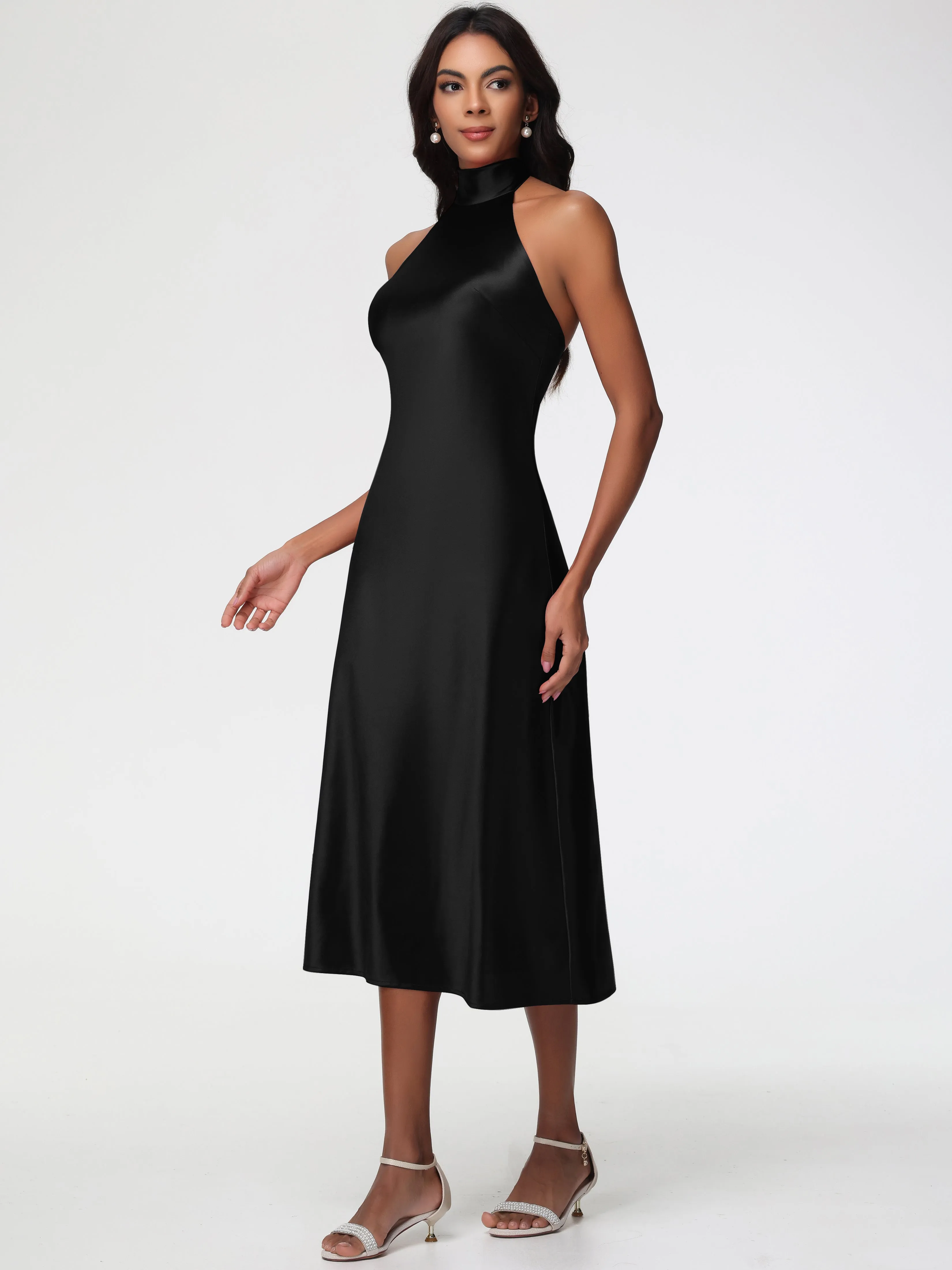 Black Short Prom Dresses Tea-Length High Neck Sleeveless Stretch Satin Prom Dresses