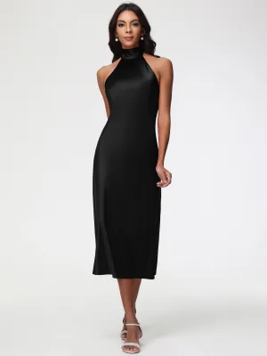 Black Tea Length Bridesmaid Dresses Tea-Length High Neck Sleeveless Stretch Satin Bridesmaid Dresses