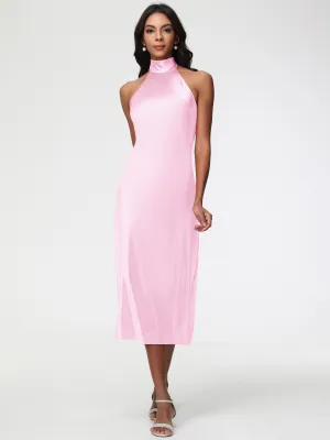 Blush Pink Bridesmaid Dress Tea-Length High Neck Sleeveless Stretch Satin Bridesmaid Dresses