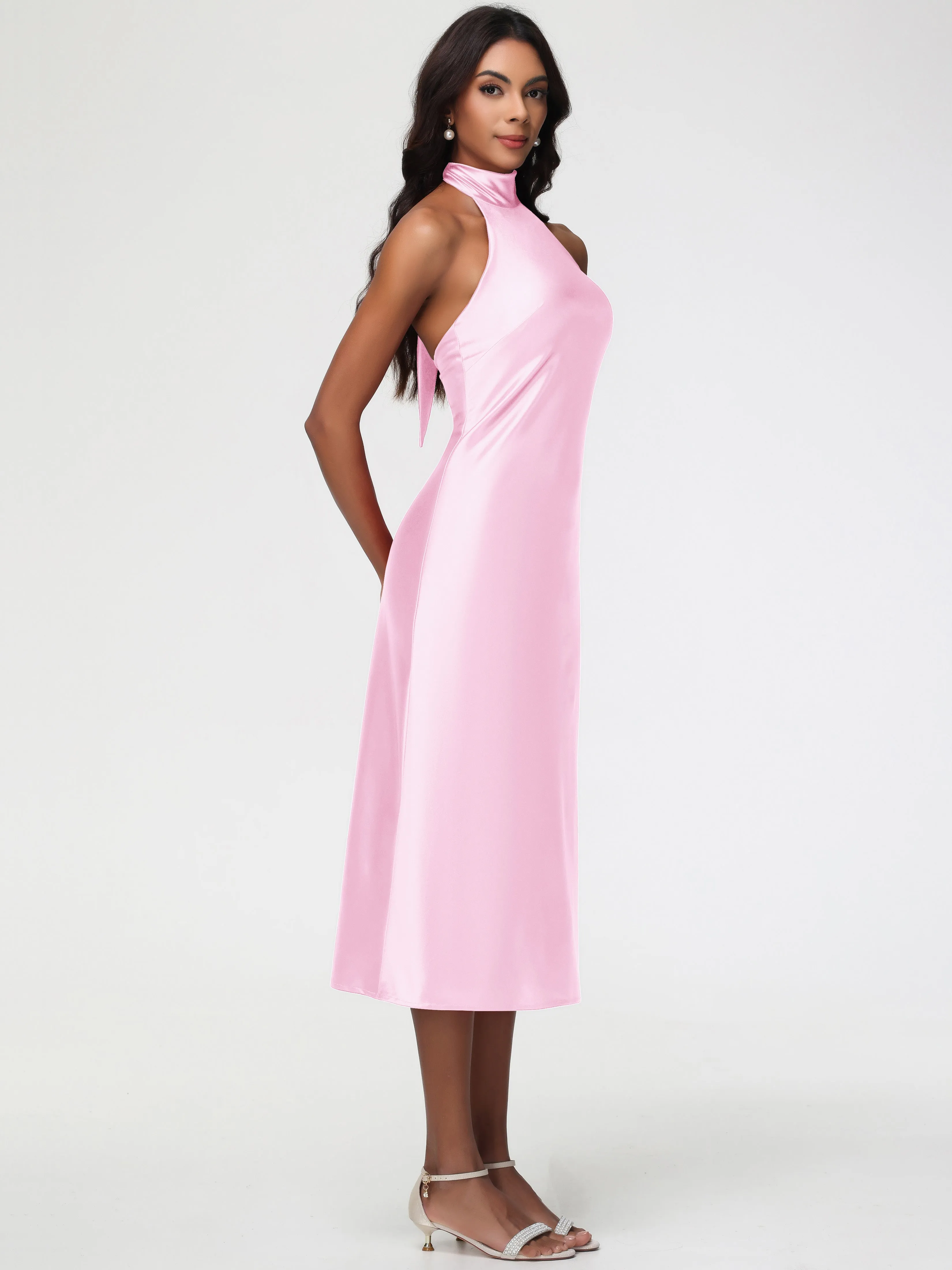 Blush Pink Bridesmaid Dress Tea-Length High Neck Sleeveless Stretch Satin Bridesmaid Dresses
