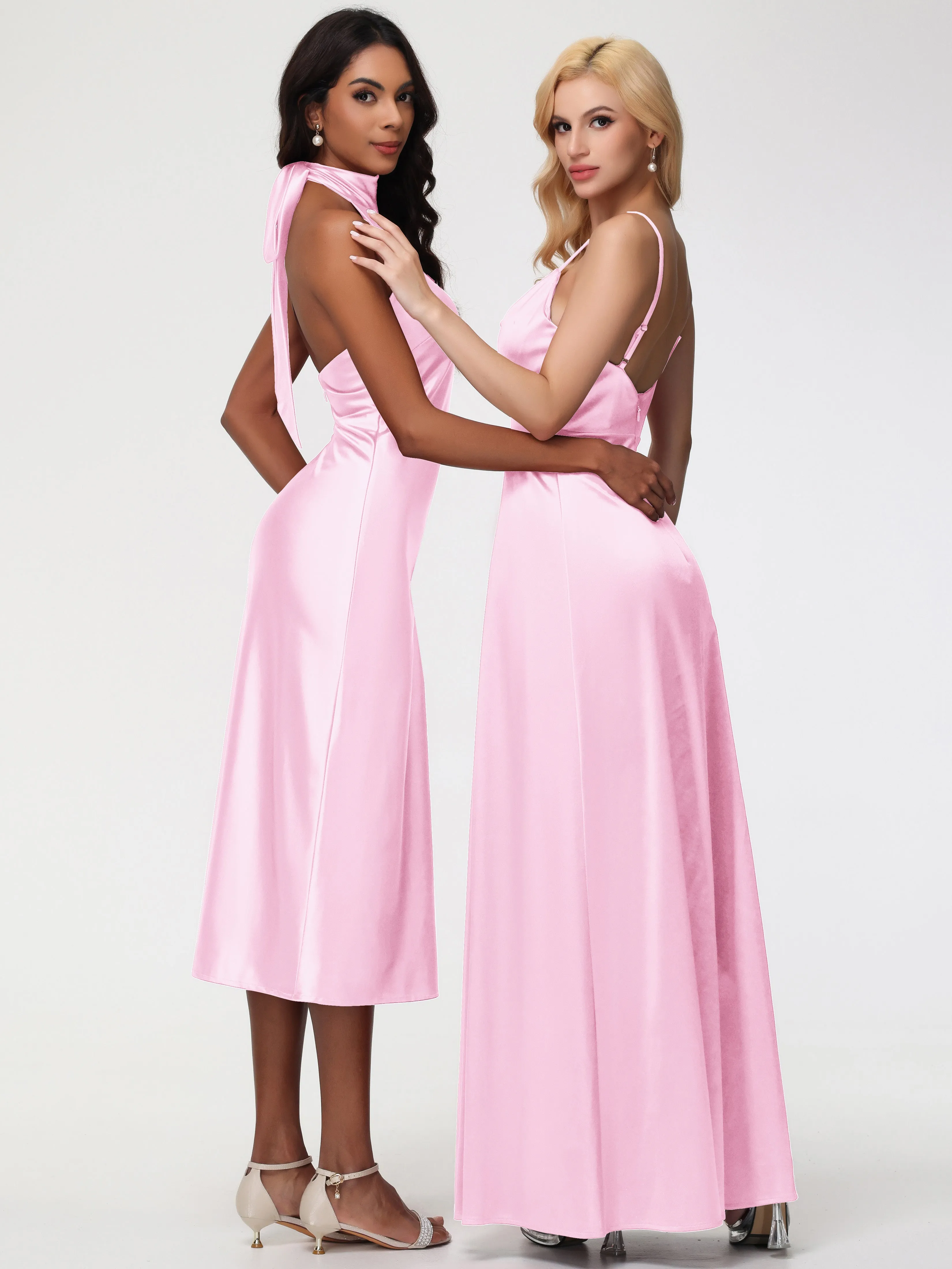 Blush Pink Bridesmaid Dress Tea-Length High Neck Sleeveless Stretch Satin Bridesmaid Dresses