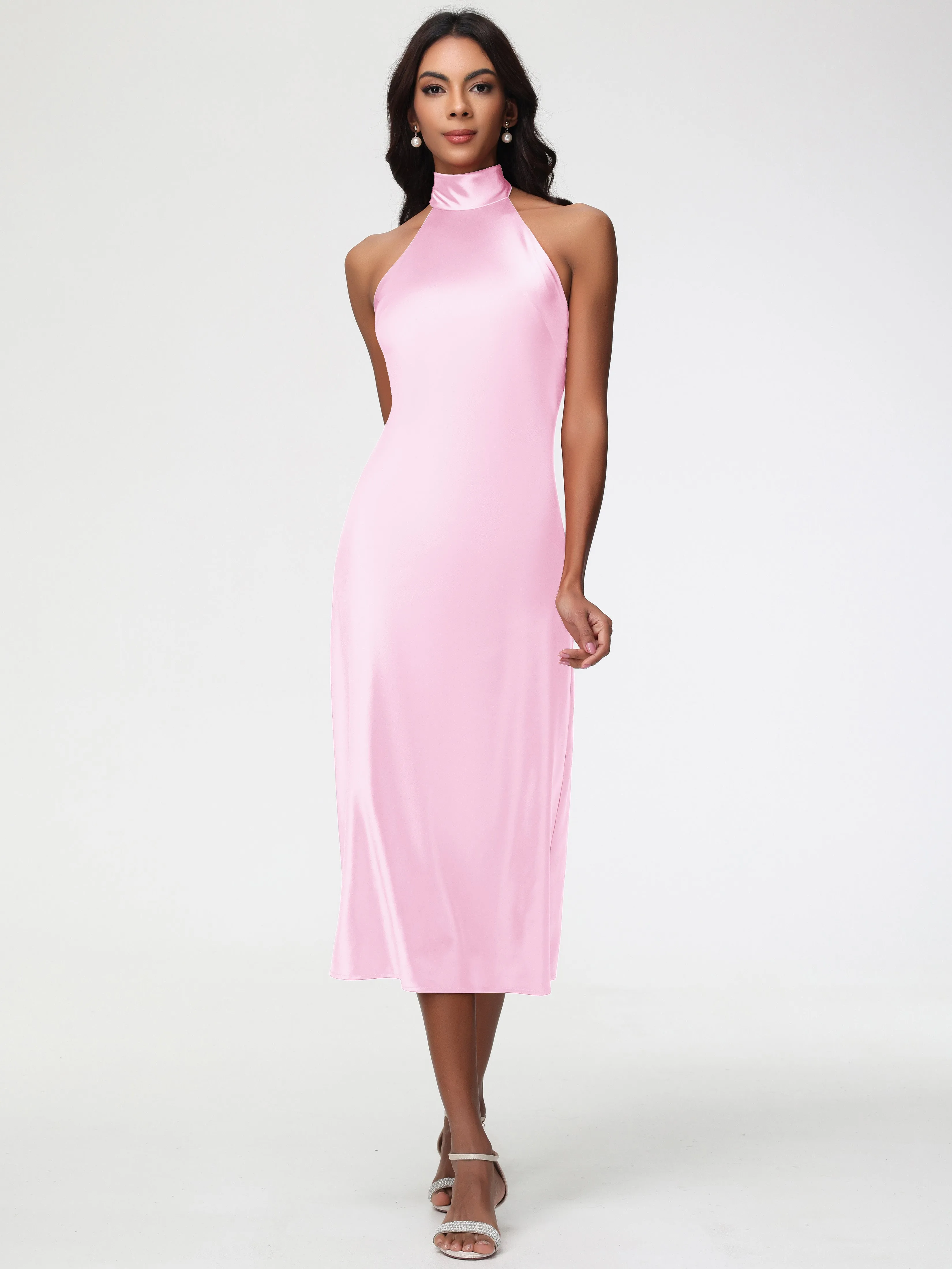 Blush Pink Bridesmaid Dress Tea-Length High Neck Sleeveless Stretch Satin Bridesmaid Dresses