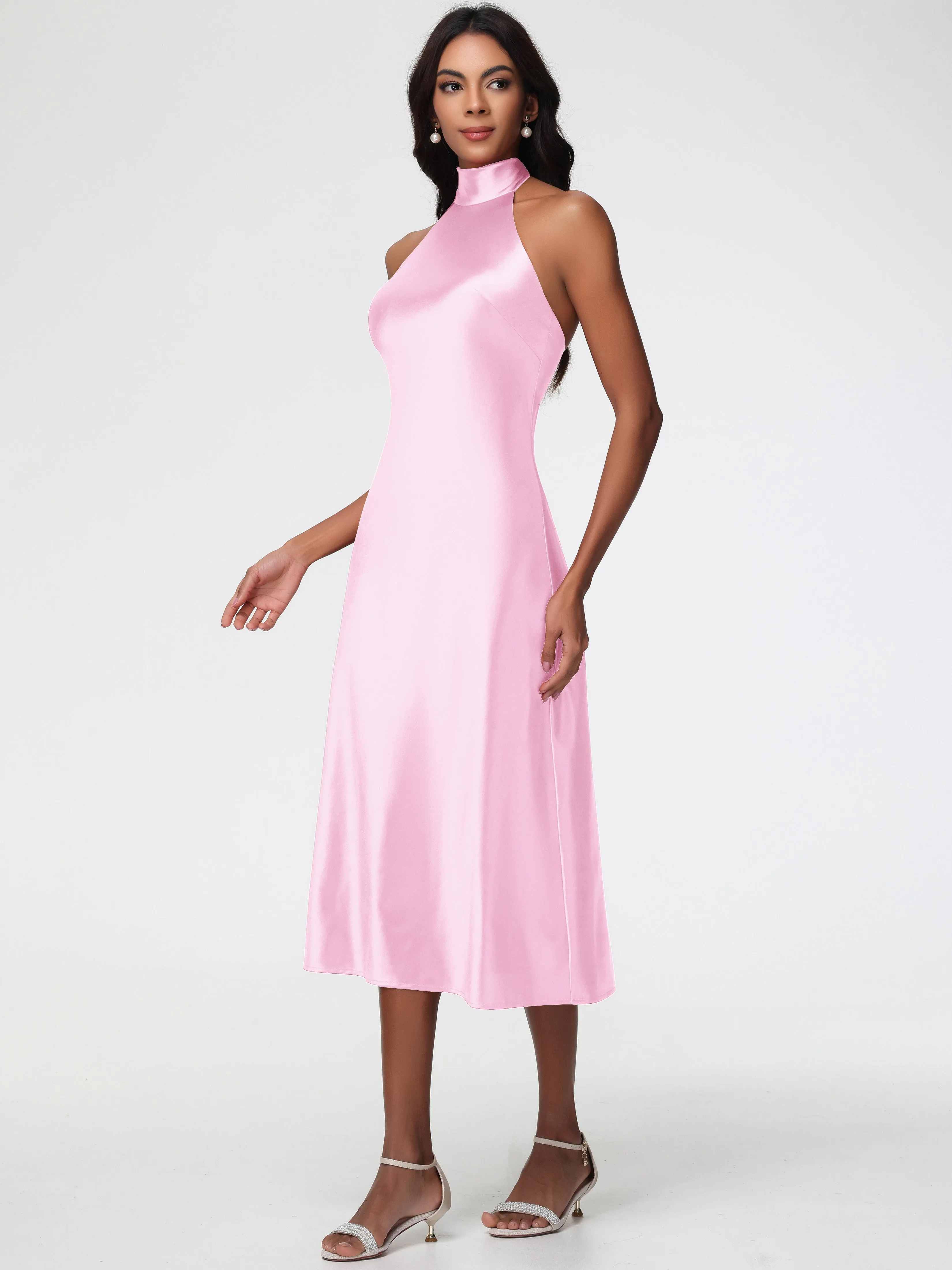 Blush Pink Bridesmaid Dress Tea-Length High Neck Sleeveless Stretch Satin Bridesmaid Dresses