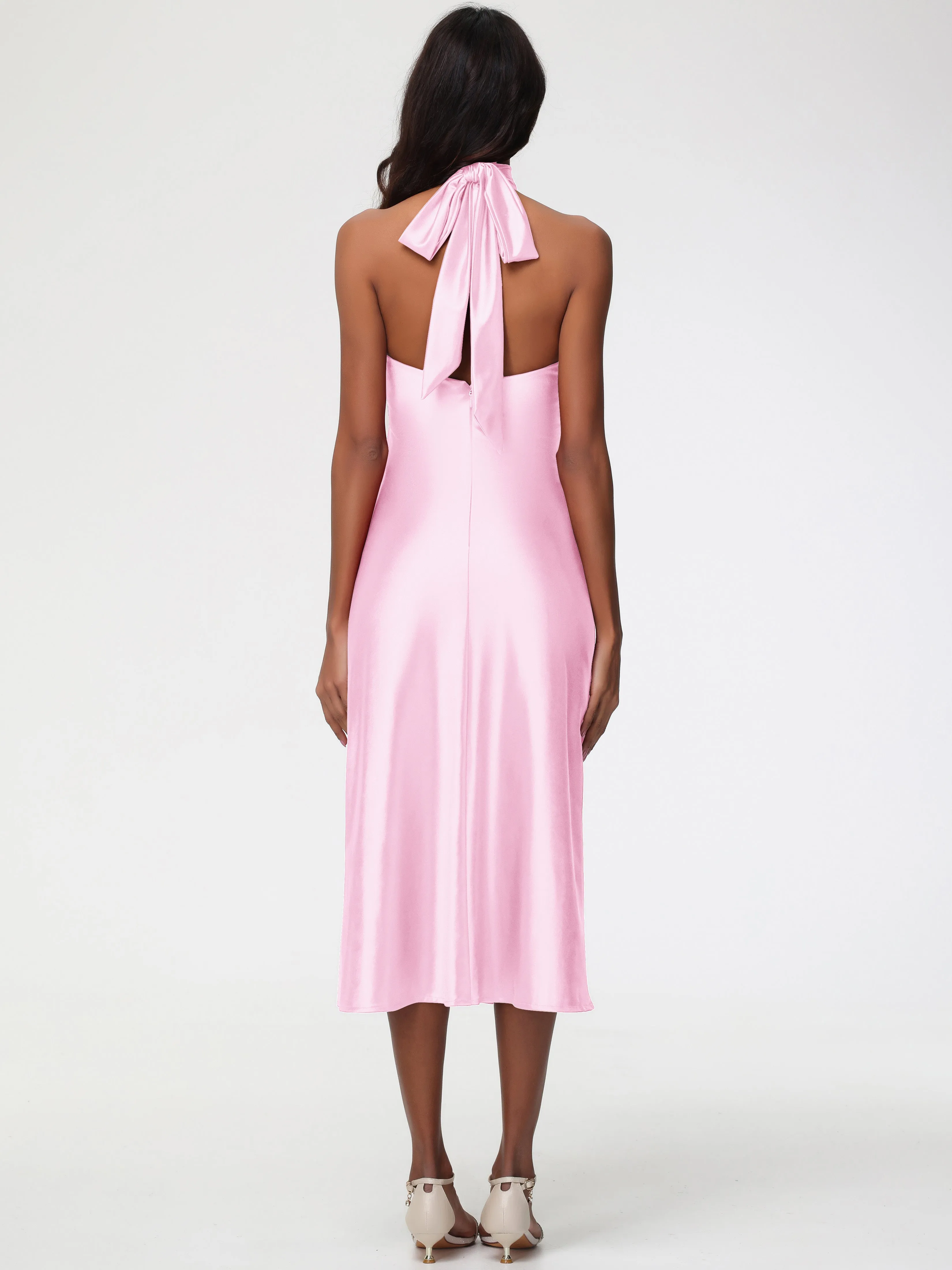 Blush Pink Bridesmaid Dress Tea-Length High Neck Sleeveless Stretch Satin Bridesmaid Dresses