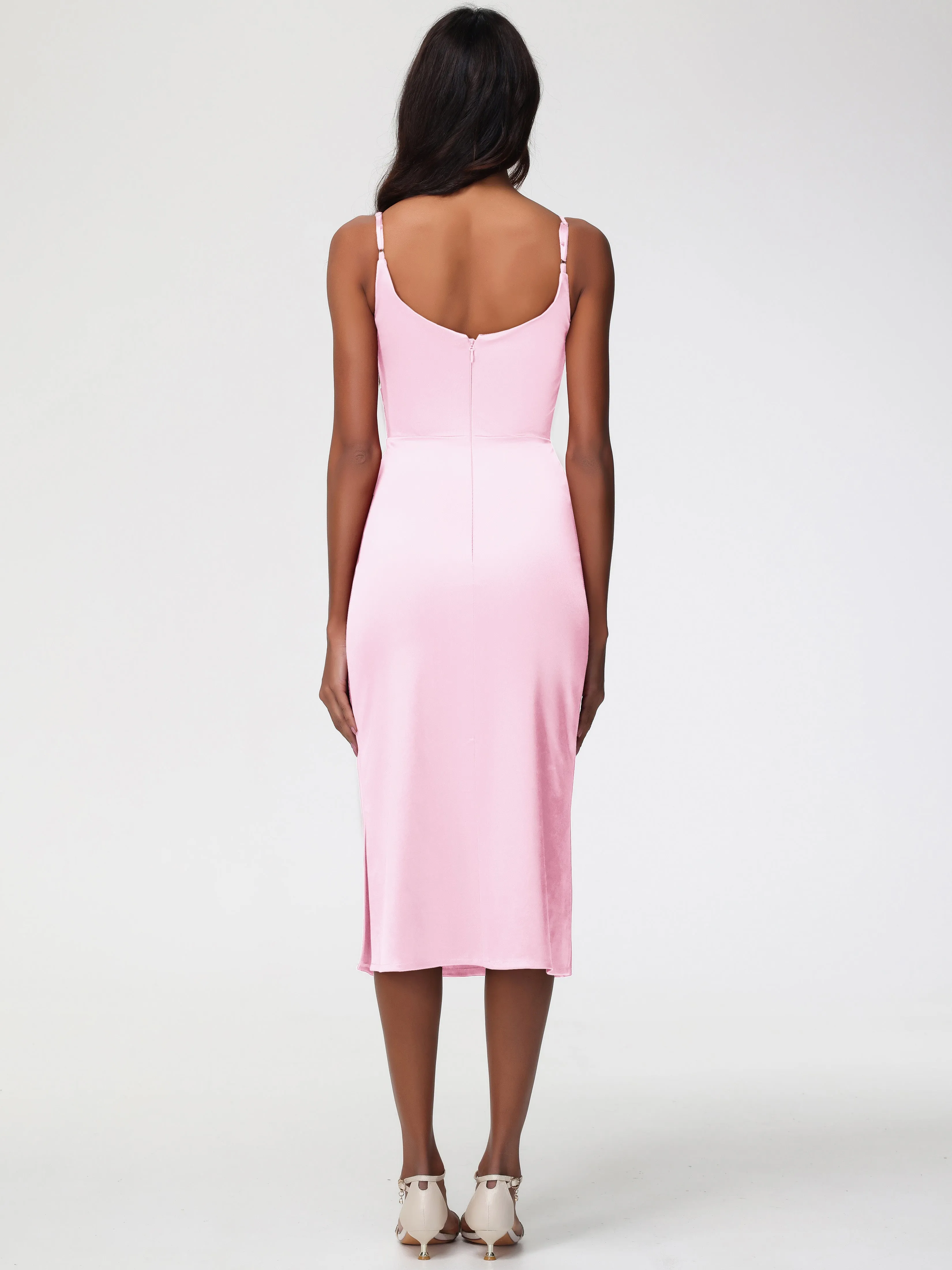 Blush Pink Prom Dresses Tea-Length Spaghetti Straps Square Neckline Sleeveless Stretch Satin Prom Dresses