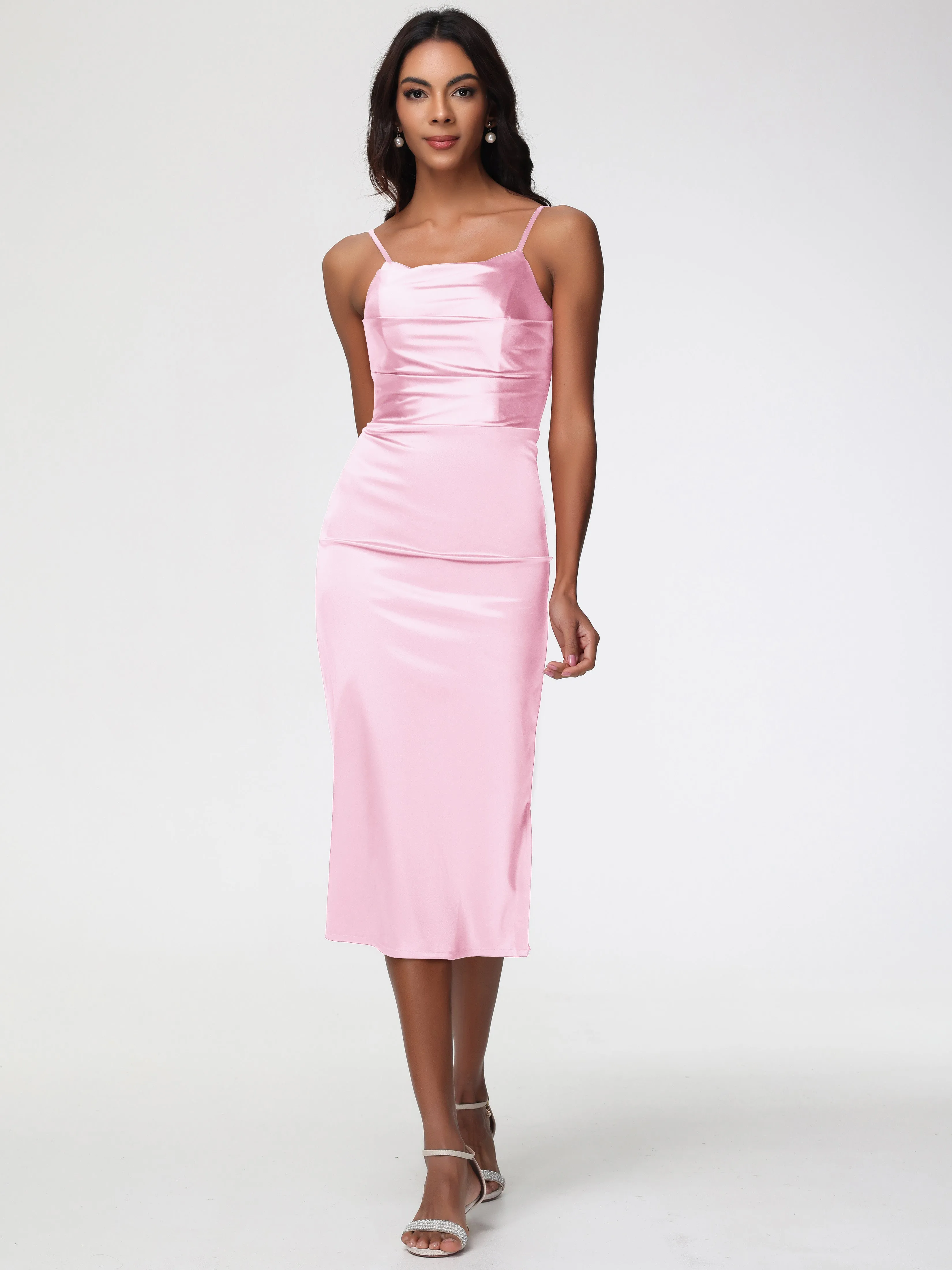 Blush Pink Prom Dresses Tea-Length Spaghetti Straps Square Neckline Sleeveless Stretch Satin Prom Dresses
