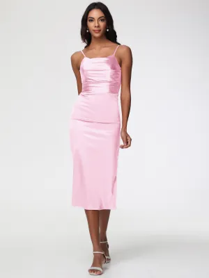 Blush Pink Prom Dresses Tea-Length Spaghetti Straps Square Neckline Sleeveless Stretch Satin Prom Dresses