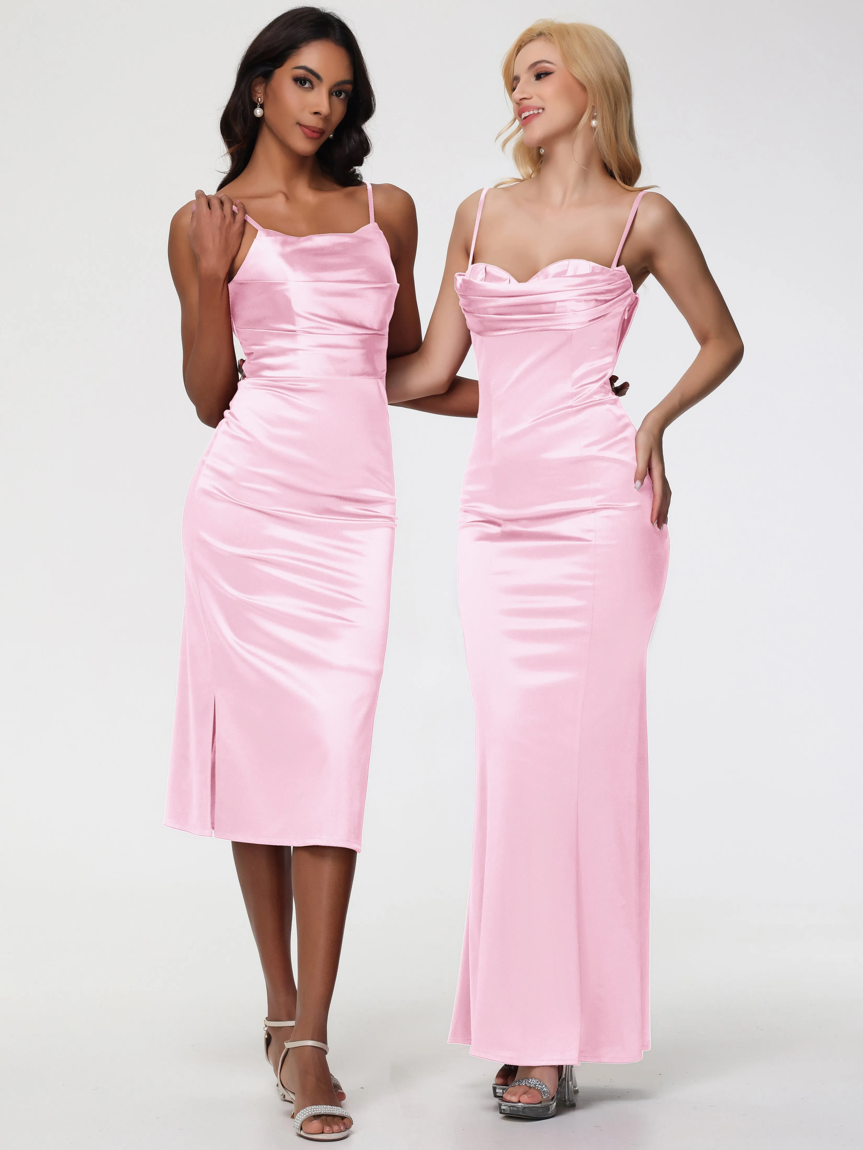 Blush Pink Prom Dresses Tea-Length Spaghetti Straps Square Neckline Sleeveless Stretch Satin Prom Dresses