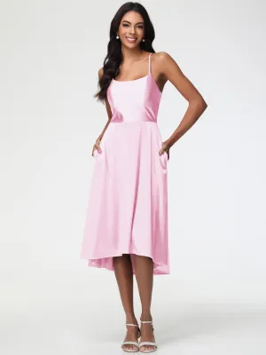 Blushing Pink Prom Dresses Minimalist A Line Spaghetti Straps Sleeveless Stretch Satin Prom Dress