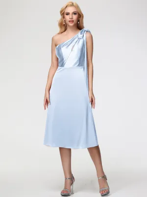 Bridesmaid Dresses In Sky Blue One Shoulder Tea-Length Sleeveless A-Line Stretch Satin Bridesmaid Dresses
