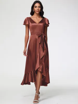 Bridesmaid Dresses In Terracotta Tea-Length Short Sleeves Ruffles A-Line Stretch Satin Bridesmaid Dresses