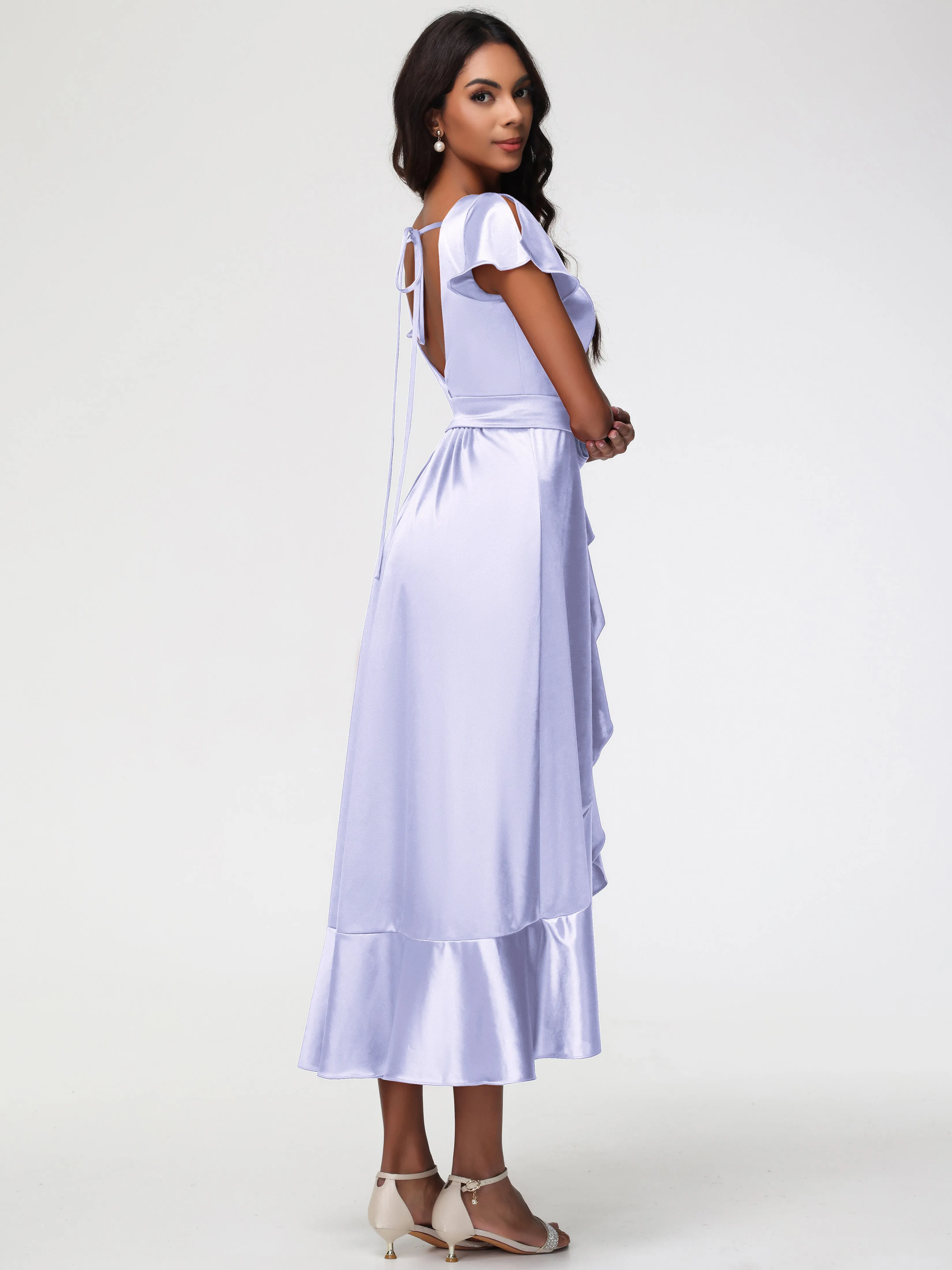 Bridesmaid Dresses Lavender Colour Tea-Length Short Sleeves Ruffles A-Line Stretch Satin Bridesmaid Dresses