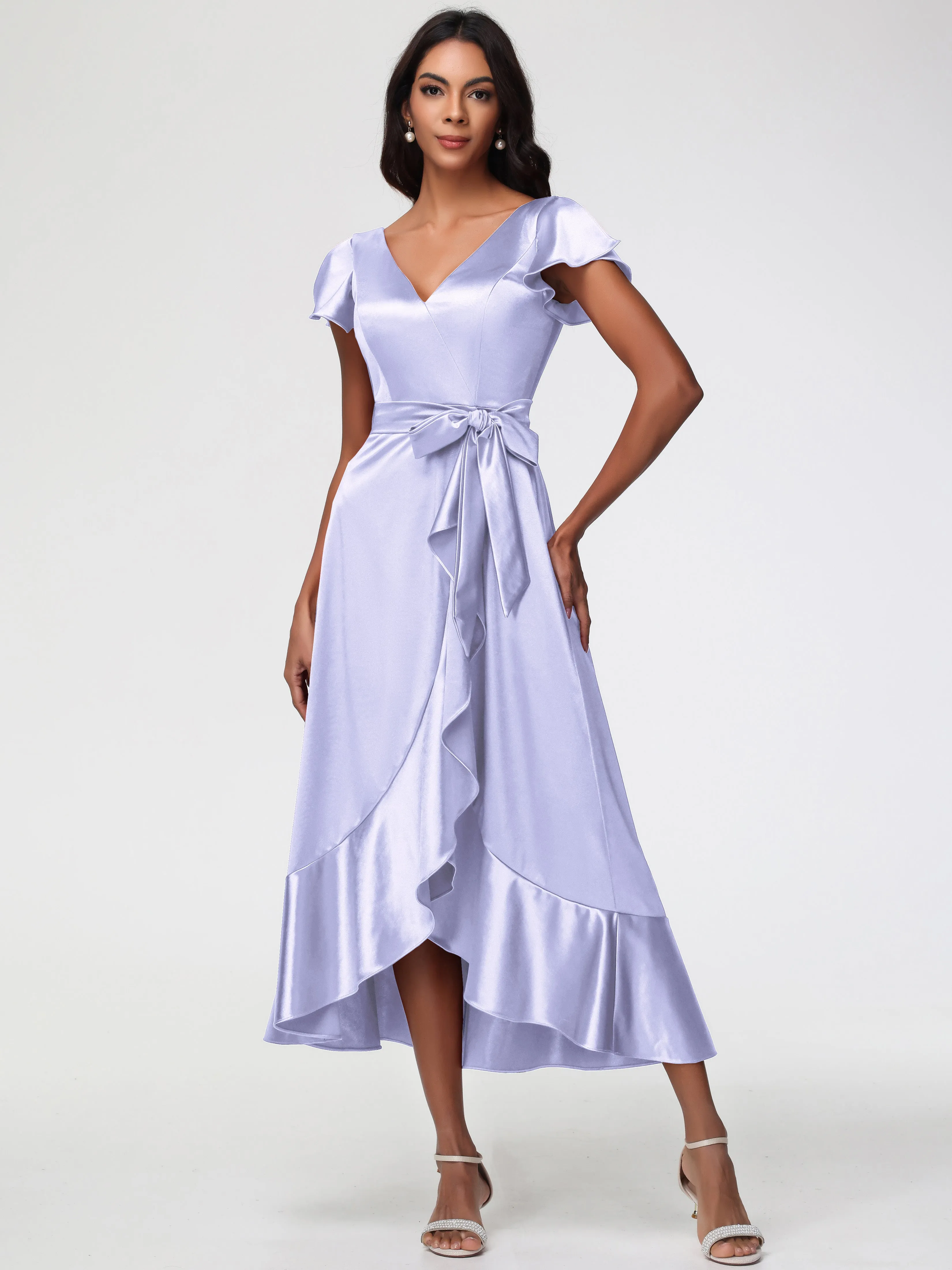 Bridesmaid Dresses Lavender Colour Tea-Length Short Sleeves Ruffles A-Line Stretch Satin Bridesmaid Dresses