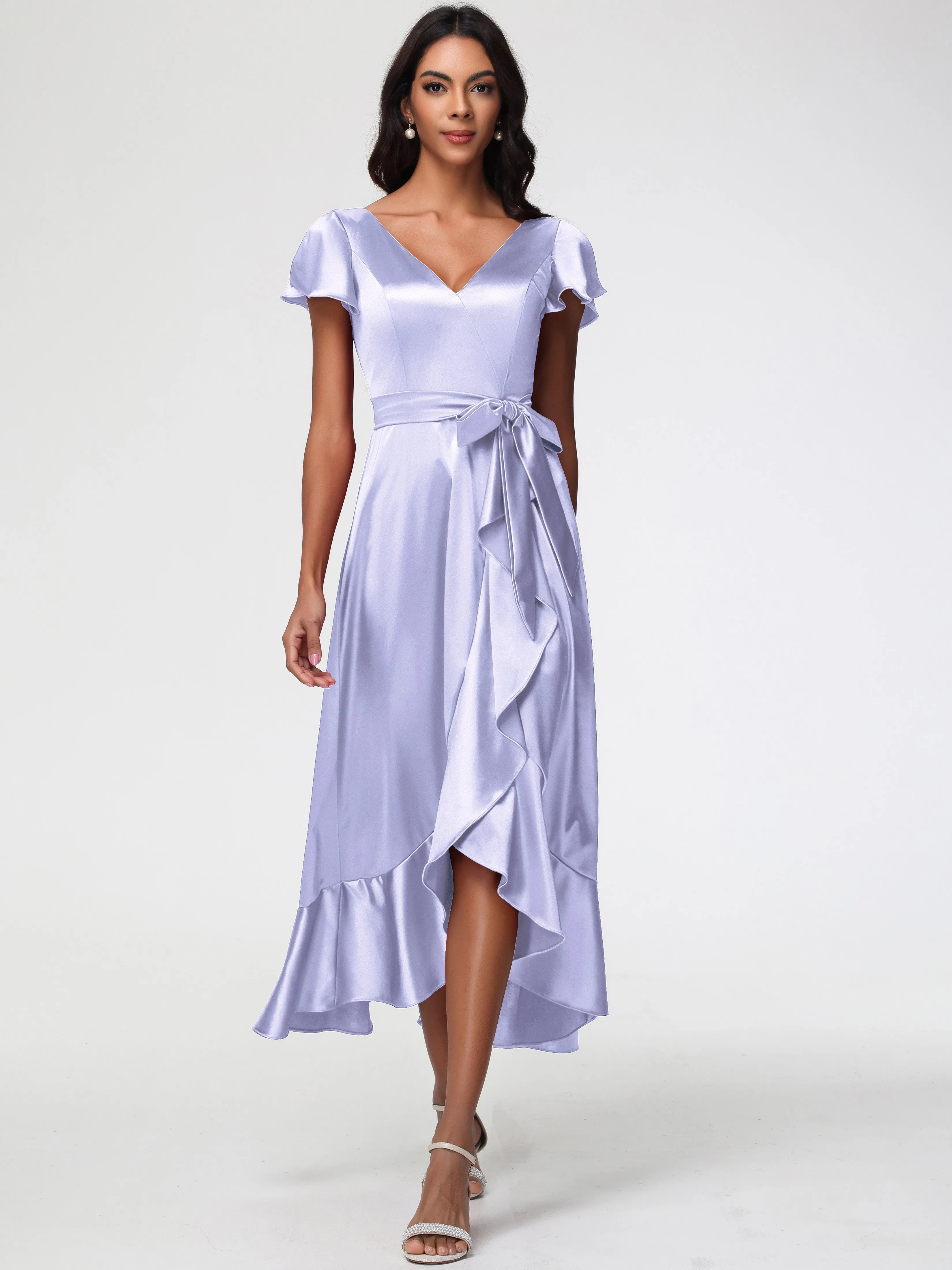 Bridesmaid Dresses Lavender Colour Tea-Length Short Sleeves Ruffles A-Line Stretch Satin Bridesmaid Dresses