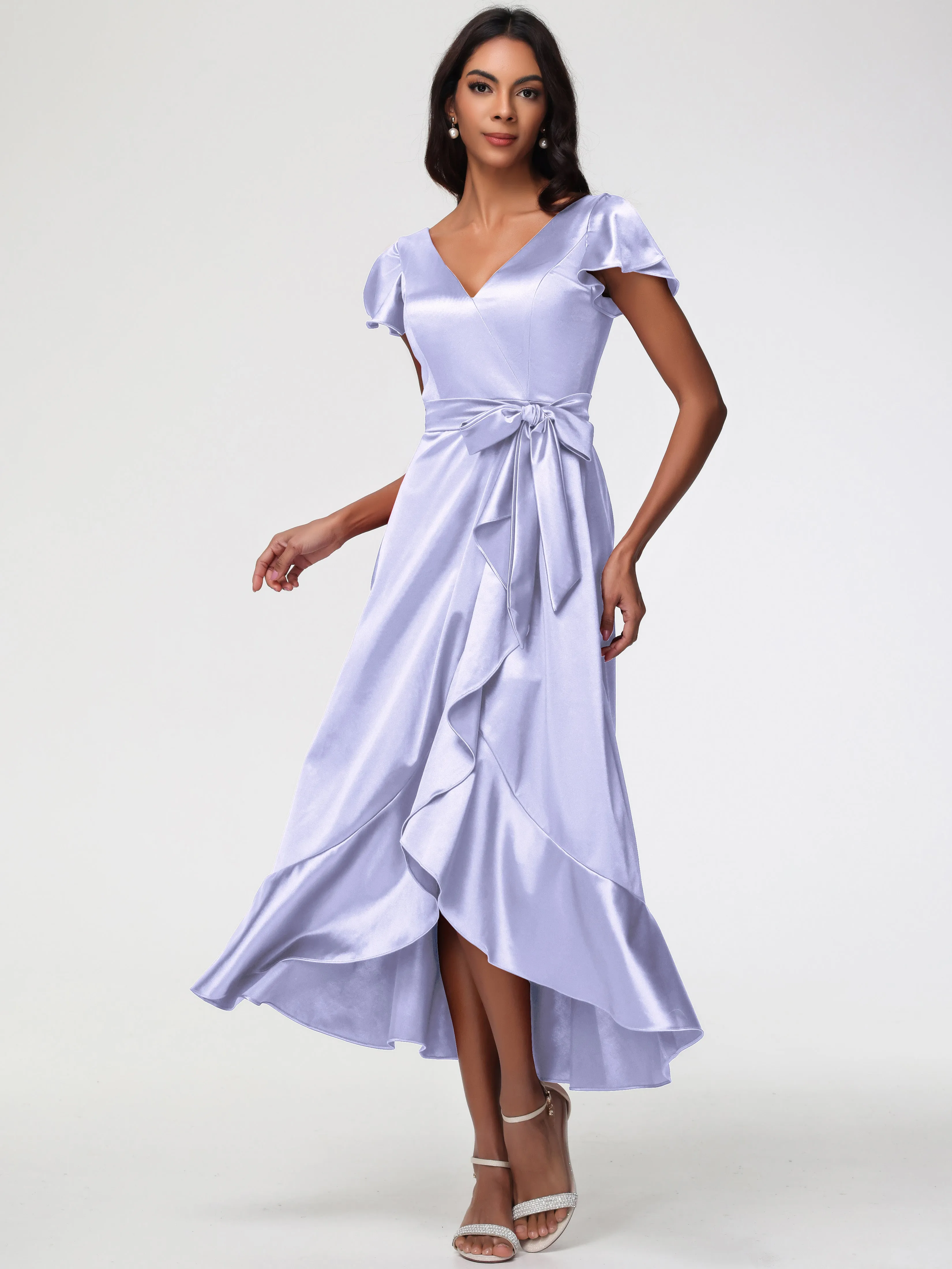 Bridesmaid Dresses Lavender Colour Tea-Length Short Sleeves Ruffles A-Line Stretch Satin Bridesmaid Dresses