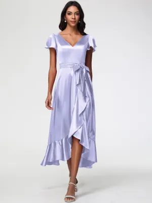 Bridesmaid Dresses Lavender Colour Tea-Length Short Sleeves Ruffles A-Line Stretch Satin Bridesmaid Dresses