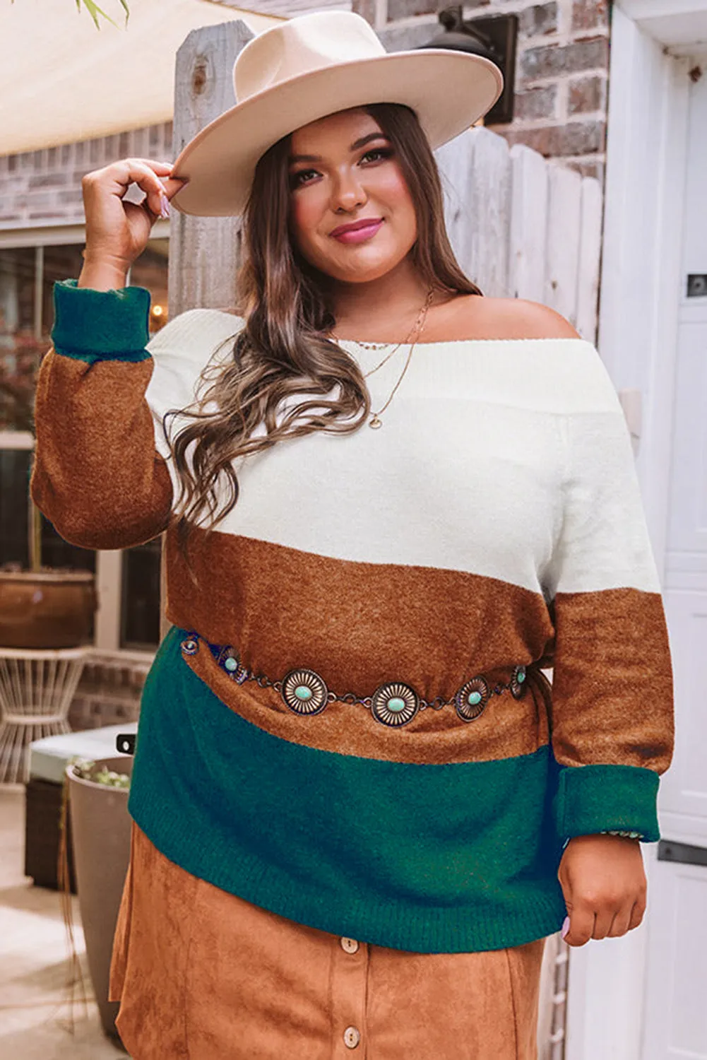 Brown Plus Size Ribbed Trim Color Block Sweater