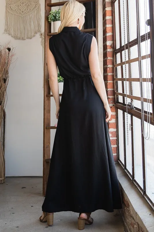 BUTTON DOWN MAXI DRESS WITH COLLAR AND BELT DRAWSTRING