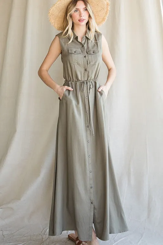 BUTTON DOWN MAXI DRESS WITH COLLAR AND BELT DRAWSTRING