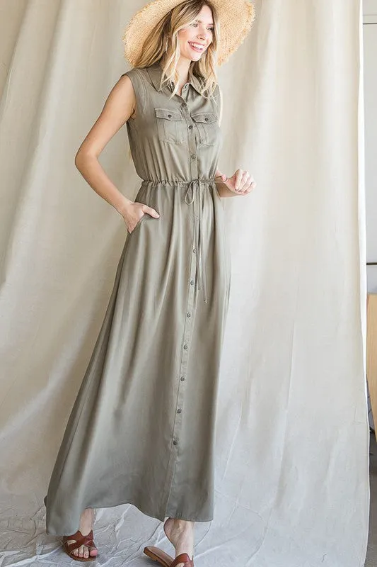 BUTTON DOWN MAXI DRESS WITH COLLAR AND BELT DRAWSTRING