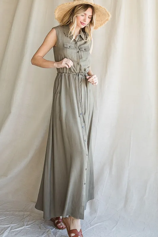 BUTTON DOWN MAXI DRESS WITH COLLAR AND BELT DRAWSTRING