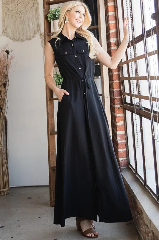 BUTTON DOWN MAXI DRESS WITH COLLAR AND BELT DRAWSTRING