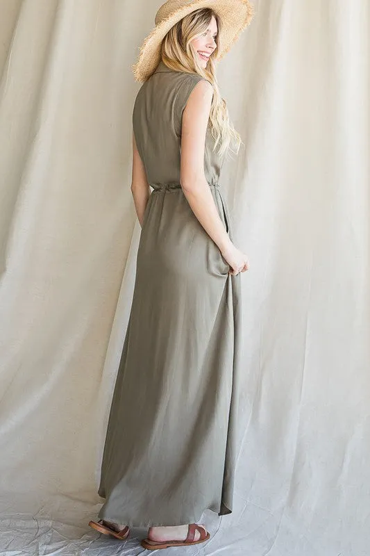 BUTTON DOWN MAXI DRESS WITH COLLAR AND BELT DRAWSTRING