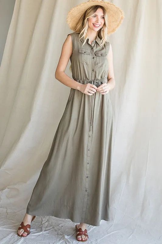 BUTTON DOWN MAXI DRESS WITH COLLAR AND BELT DRAWSTRING