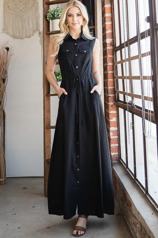 BUTTON DOWN MAXI DRESS WITH COLLAR AND BELT DRAWSTRING