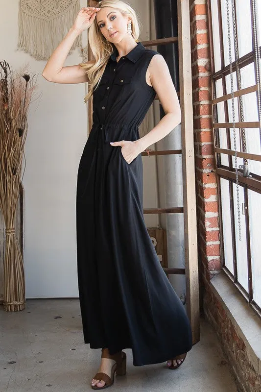 BUTTON DOWN MAXI DRESS WITH COLLAR AND BELT DRAWSTRING
