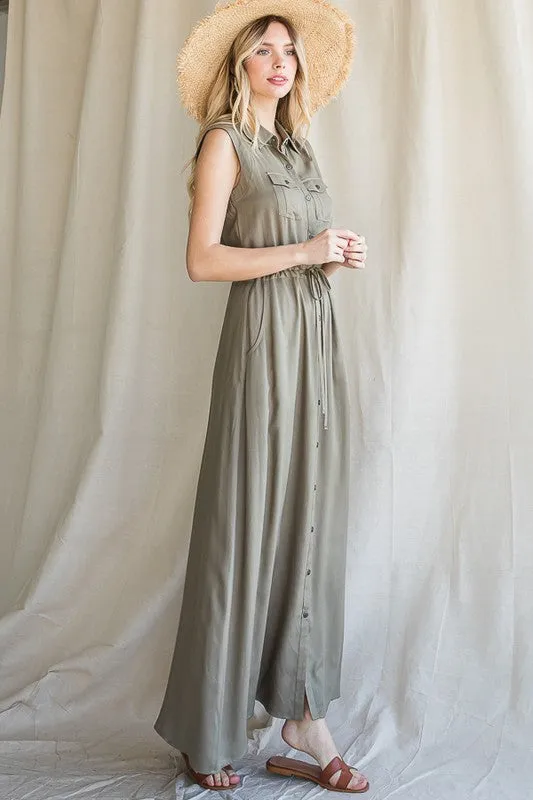 BUTTON DOWN MAXI DRESS WITH COLLAR AND BELT DRAWSTRING