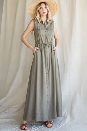 BUTTON DOWN MAXI DRESS WITH COLLAR AND BELT DRAWSTRING