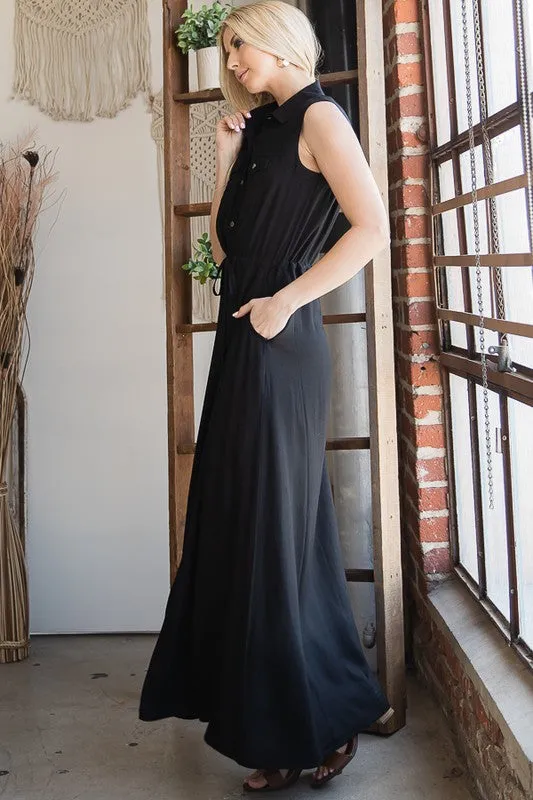 BUTTON DOWN MAXI DRESS WITH COLLAR AND BELT DRAWSTRING