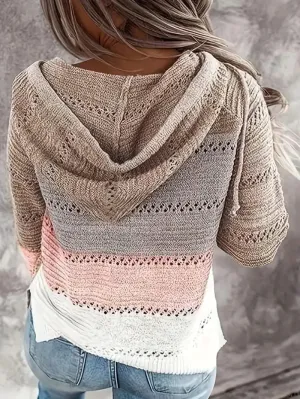 Casual Hooded Knit Sweater with Color Blocks