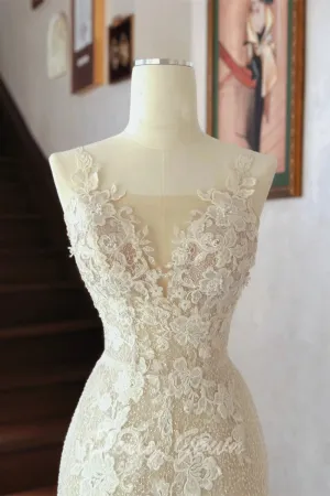 Charming Lace Appliques See Through Slight Mermaid Wedding Dress