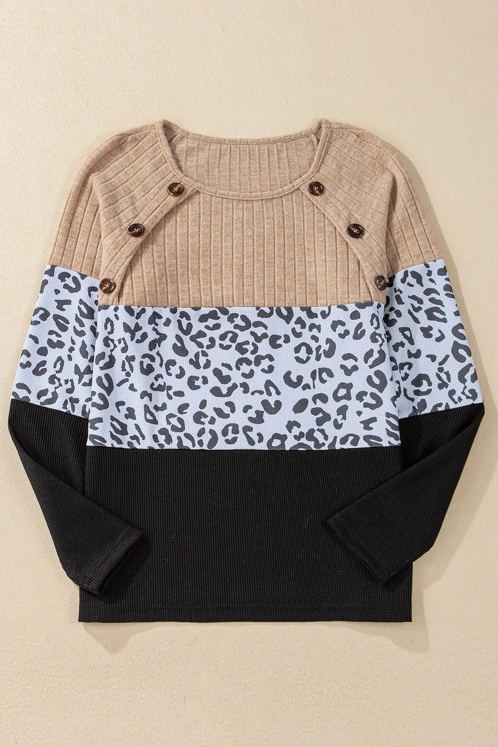 Cheetah Textured Patchwork Buttoned Round Neck T Shirt
