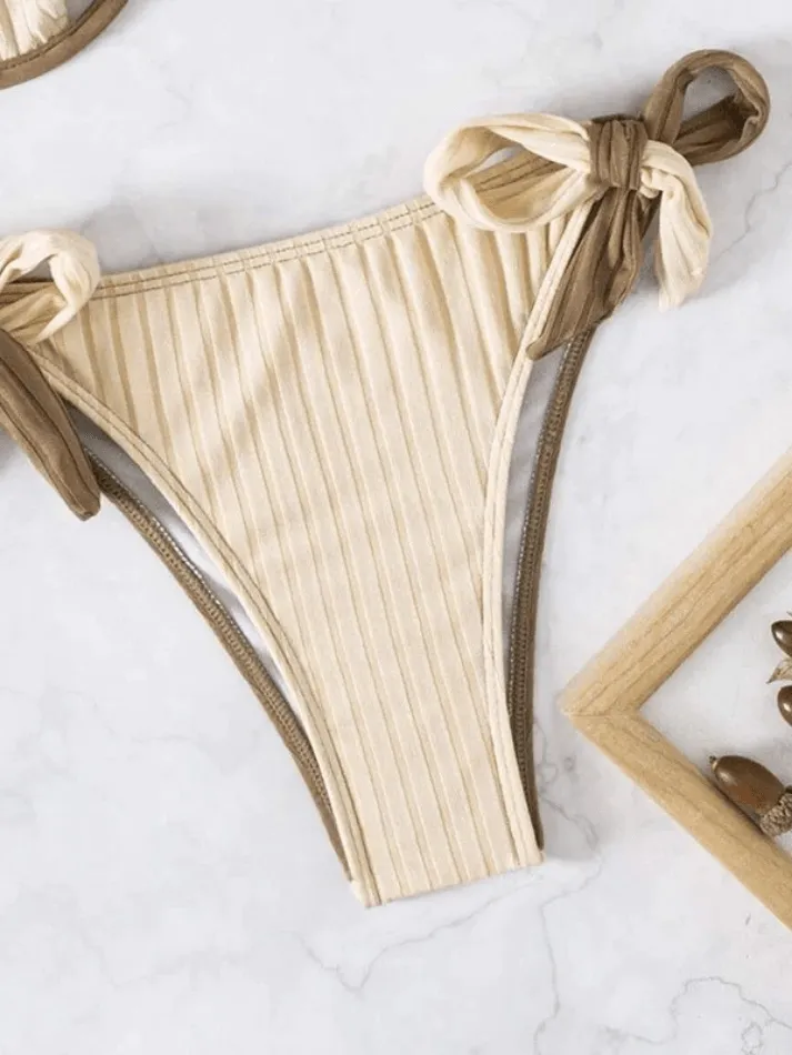 Color Block Cross Over Ribbed Bikini Set