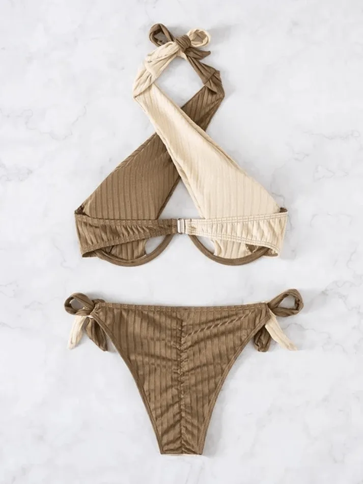 Color Block Cross Over Ribbed Bikini Set