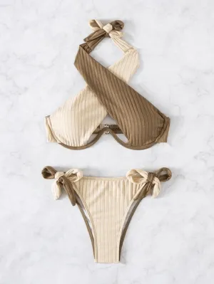 Color Block Cross Over Ribbed Bikini Set