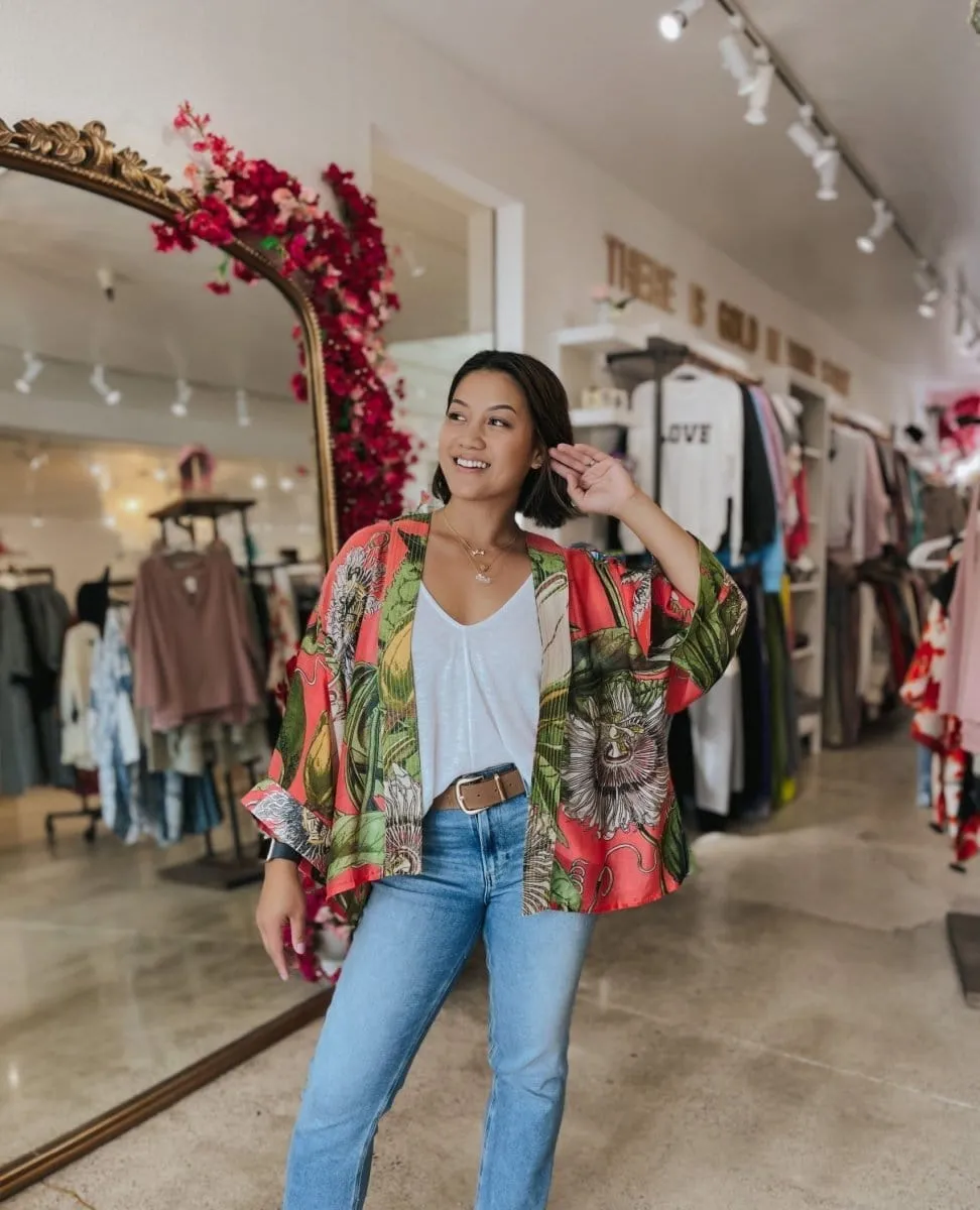 Coral Passion Flower Short Kimono