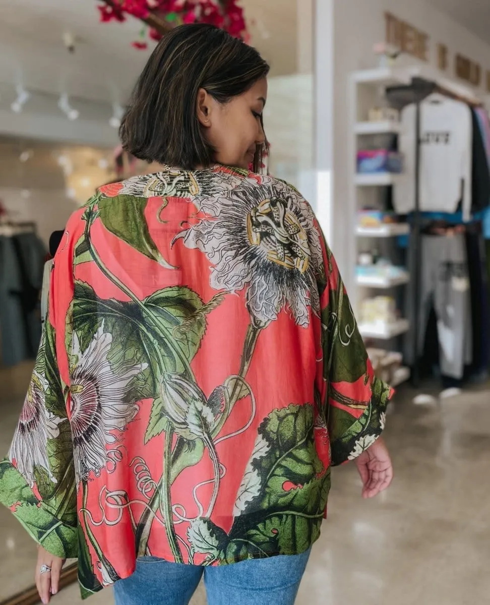Coral Passion Flower Short Kimono