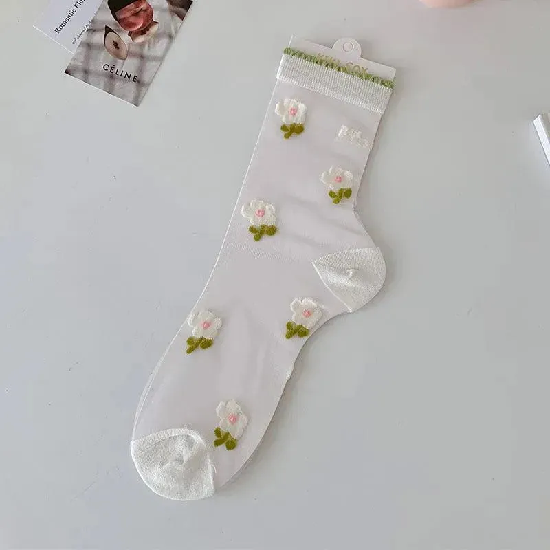 Cute Sheer Crew Socks | Mesh Socks With Flower Pattern | Cute Socks