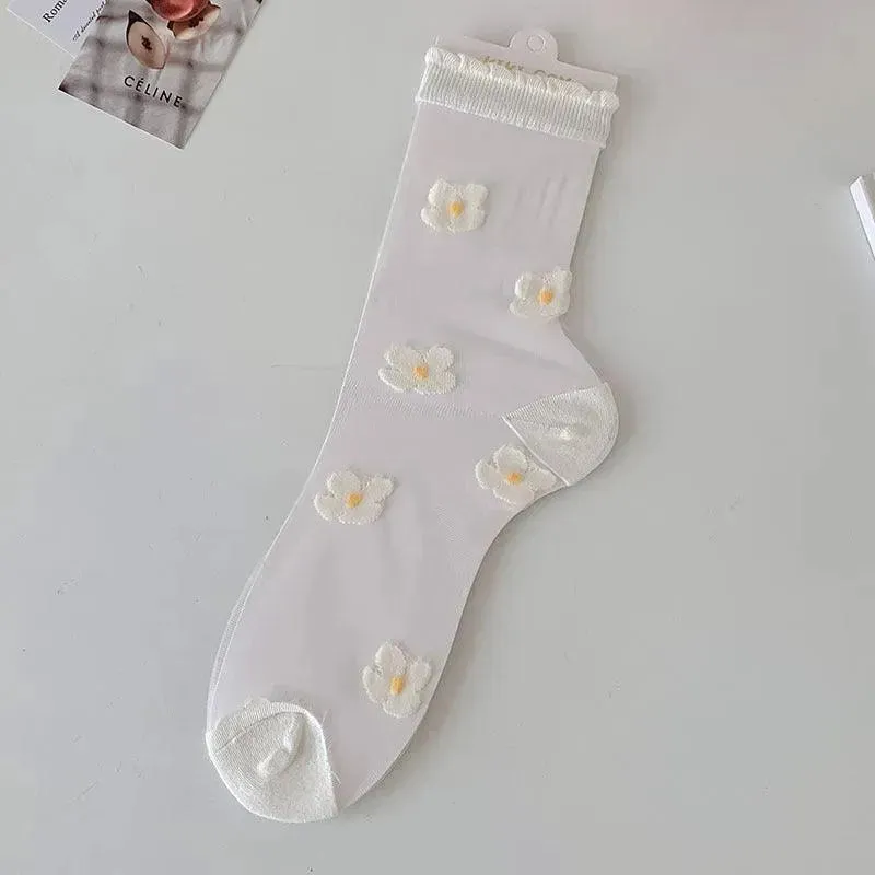 Cute Sheer Crew Socks | Mesh Socks With Flower Pattern | Cute Socks