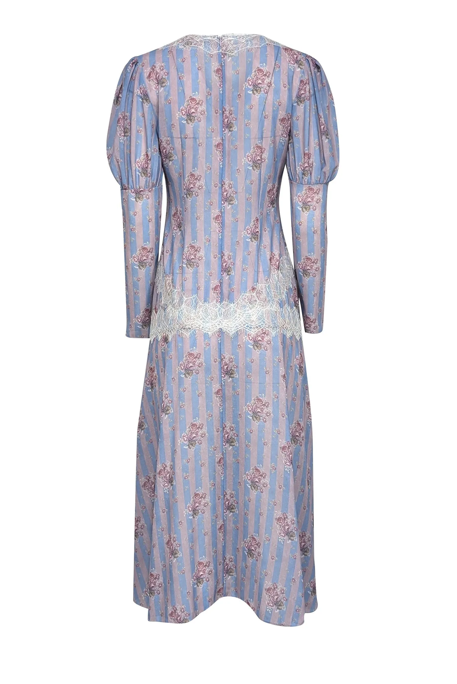 Darja Donezz - Lavender & Blue Stripe & Floral Print w/ Lace Trim Dress Sz M