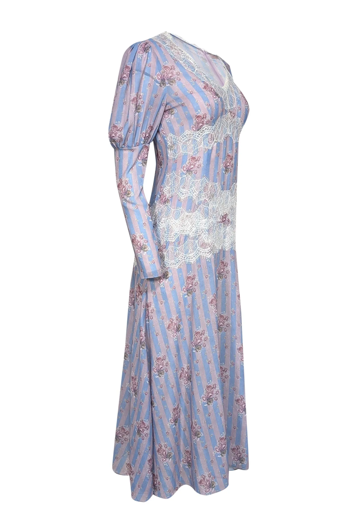 Darja Donezz - Lavender & Blue Stripe & Floral Print w/ Lace Trim Dress Sz M