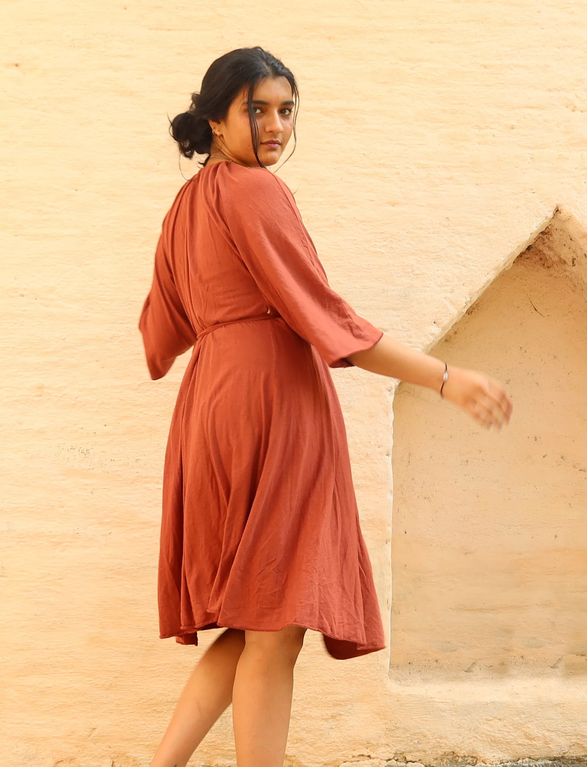 Drawstring Wrap Kimono Simplicity Below Knee Dress